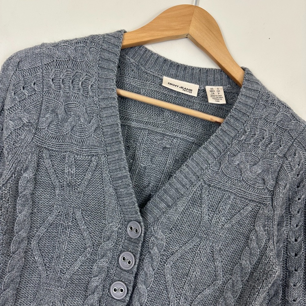 DKNY Jeans Cardigan Sweater Gray Cable Knit Button Front Wool Academia Womens PS